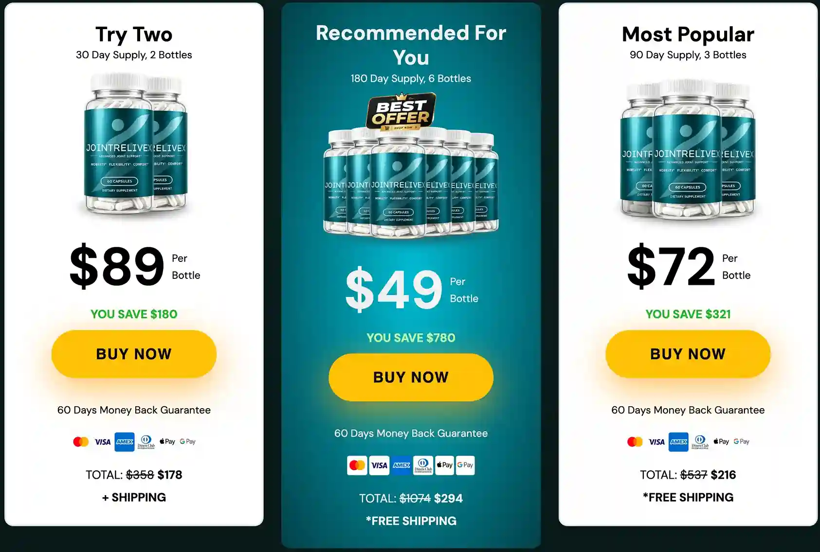 JointReliveX Pricing 2 Bottle 3 Bottle 6 Bottle Packages